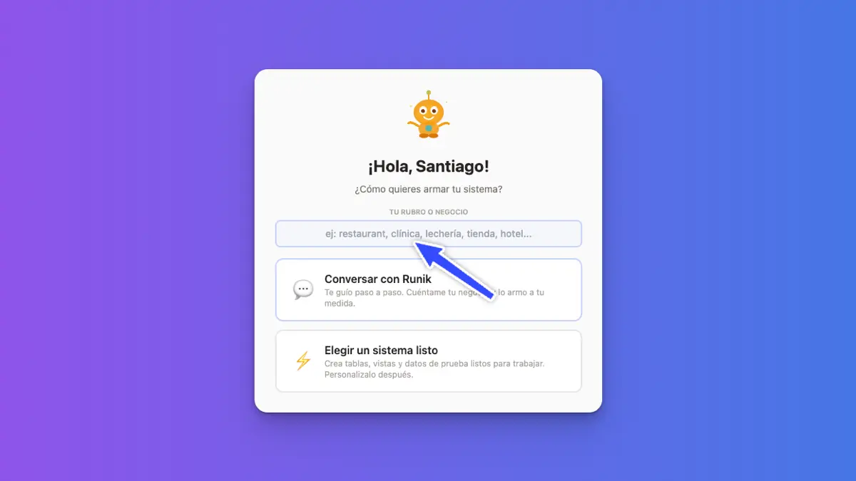 Pantalla de onboarding — escribe tu rubro