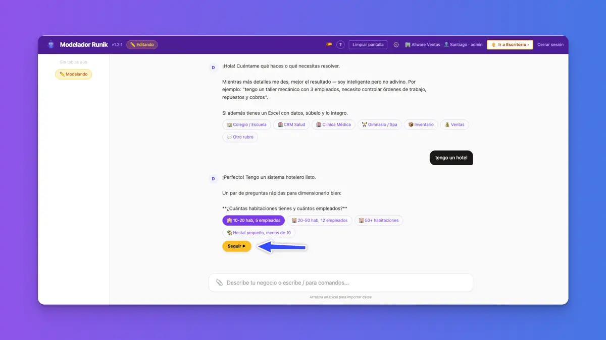 Modelador — dimensionar sistema