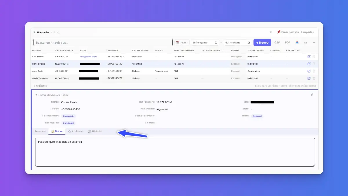Detalle con notas, archivos e historial