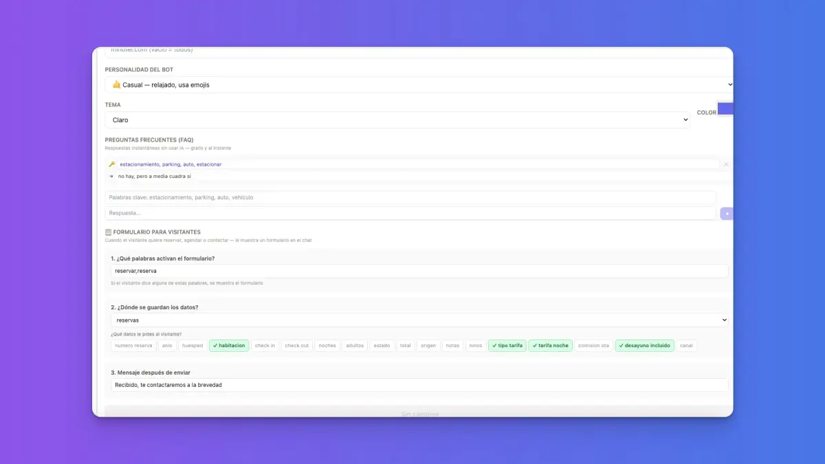 Chatbot — configuracion personalidad y formulario